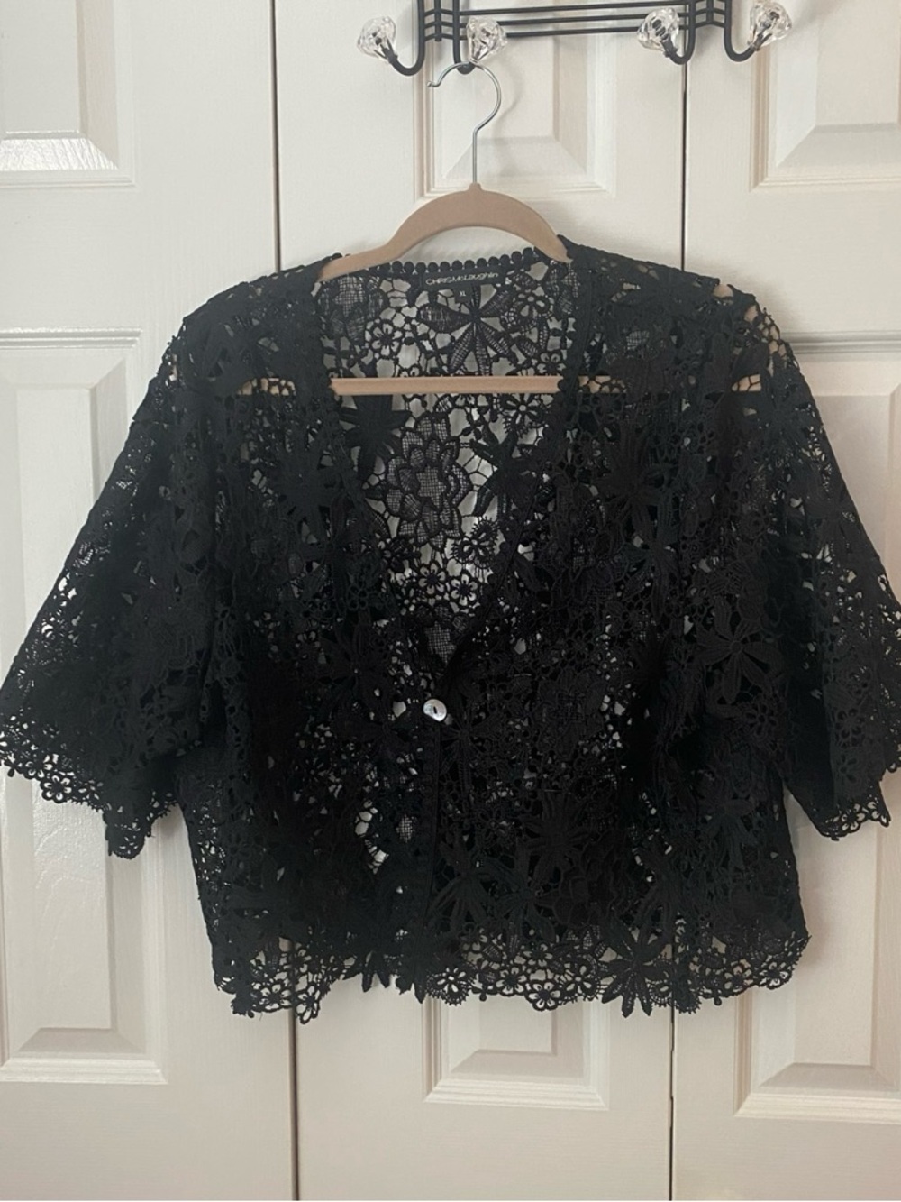 Crochet Lace Button-Front Blouse in Black